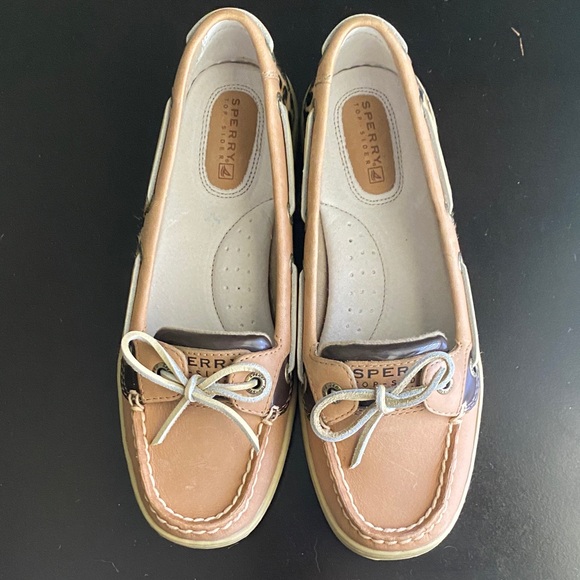 Sperry Leopard-Trim Tan Leather Boat Moccasins - Picture 4 of 7